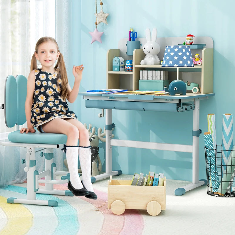 Height Adjustable Kids Study Desk with Tilt Desktop for 3-12 Years Old-Blue