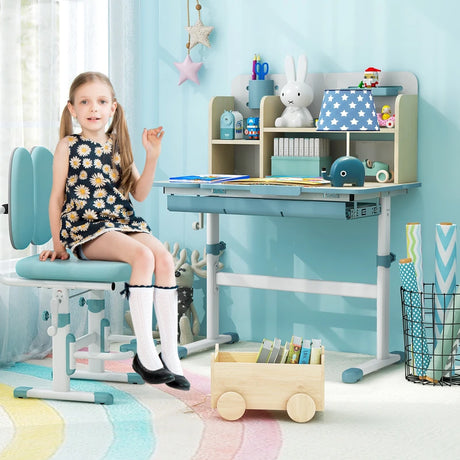 Height Adjustable Kids Study Desk with Tilt Desktop for 3-12 Years Old-Blue