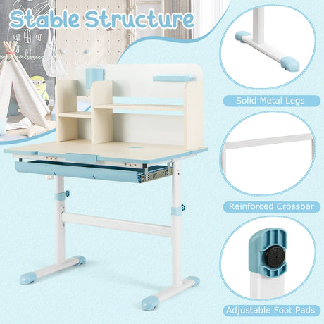 Height Adjustable Kids Study Desk with Tilt Desktop for 3-12 Years Old-Blue
