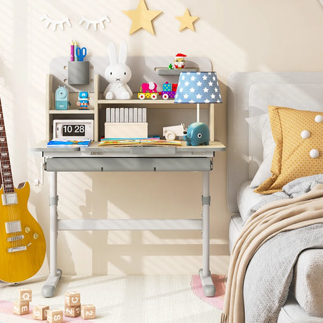 Height Adjustable Kids Study Desk with Tilt Desktop for 3-12 Years Old-Gray