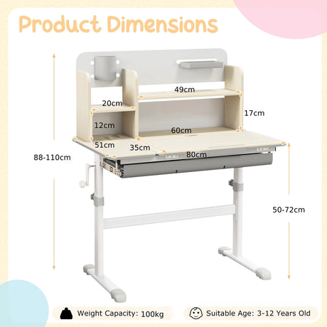 Height Adjustable Kids Study Desk with Tilt Desktop for 3-12 Years Old-Gray