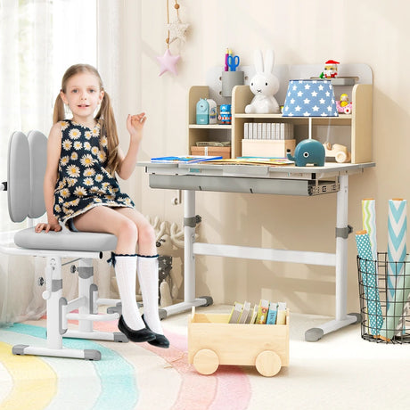 Height Adjustable Kids Study Desk with Tilt Desktop for 3-12 Years Old-Gray