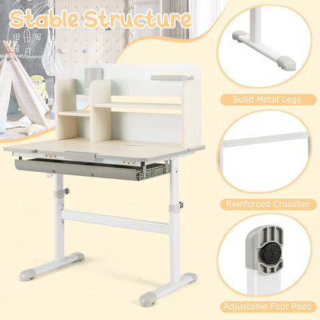 Height Adjustable Kids Study Desk with Tilt Desktop for 3-12 Years Old-Gray