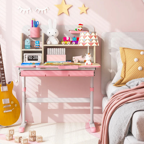 Height Adjustable Kids Study Desk with Tilt Desktop for 3-12 Years Old-Pink