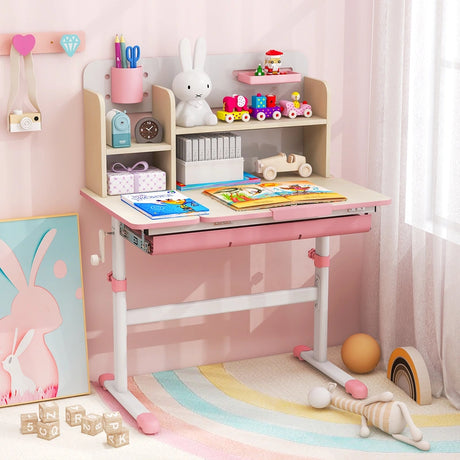 Height Adjustable Kids Study Desk with Tilt Desktop for 3-12 Years Old-Pink