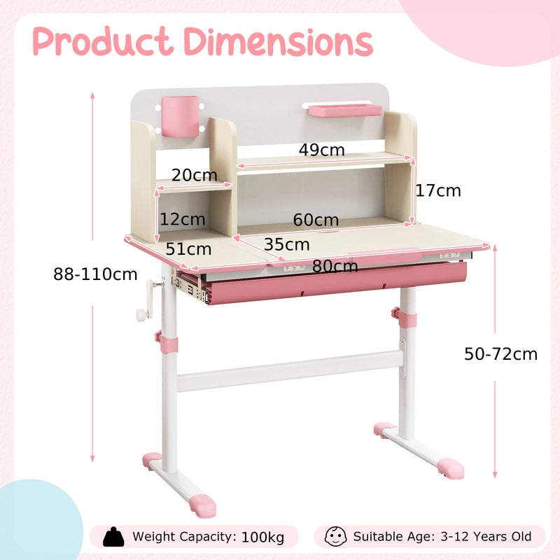 Height Adjustable Kids Study Desk with Tilt Desktop for 3-12 Years Old-Pink