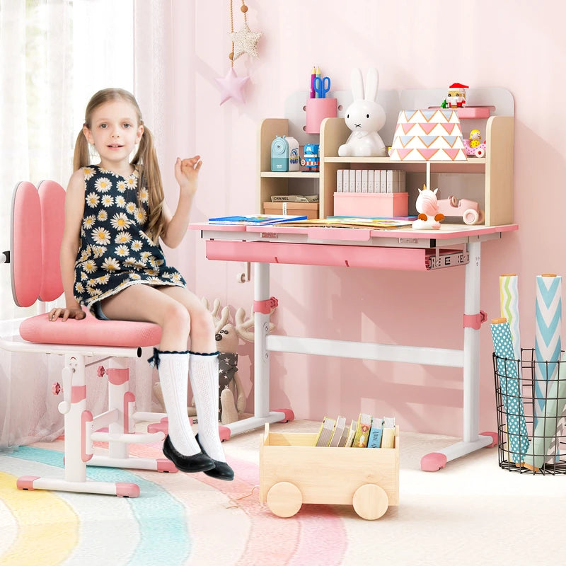 Height Adjustable Kids Study Desk with Tilt Desktop for 3-12 Years Old-Pink