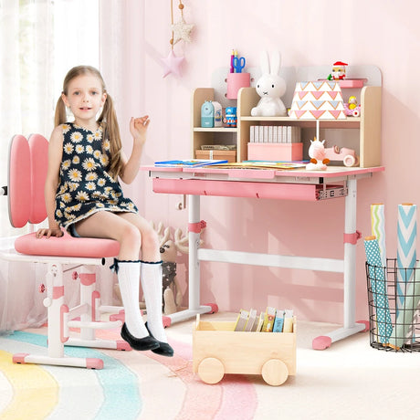 Height Adjustable Kids Study Desk with Tilt Desktop for 3-12 Years Old-Pink