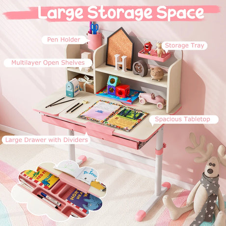 Height Adjustable Kids Study Desk with Tilt Desktop for 3-12 Years Old-Pink