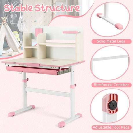 Height Adjustable Kids Study Desk with Tilt Desktop for 3-12 Years Old-Pink