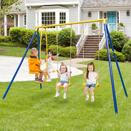 Metal Swing Set for Backyard with 2 Swing Seats and 2 Glider Seats-Blue