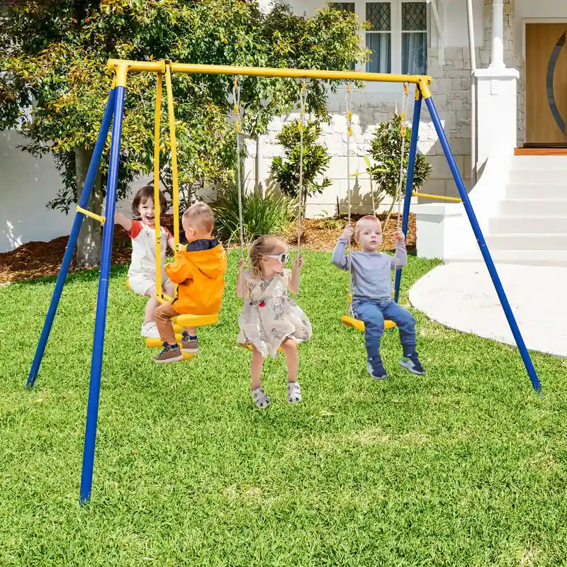 Metal Swing Set for Backyard with 2 Swing Seats and 2 Glider Seats-Blue