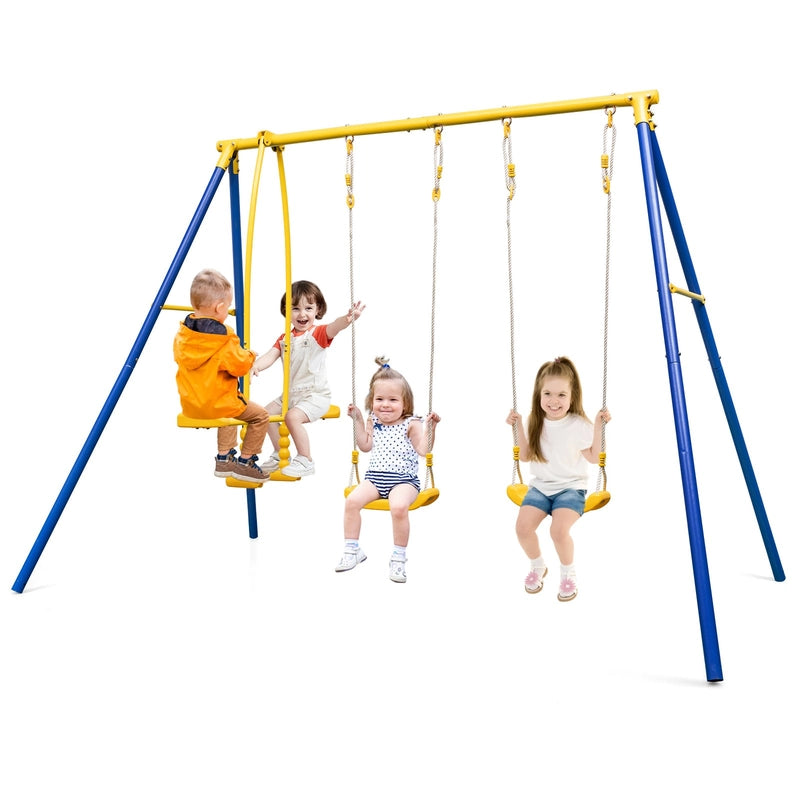 Metal Swing Set for Backyard with 2 Swing Seats and 2 Glider Seats-Blue