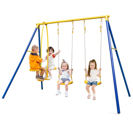 Metal Swing Set for Backyard with 2 Swing Seats and 2 Glider Seats-Blue