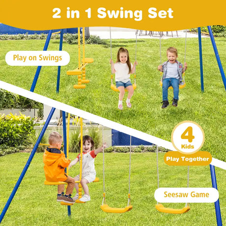 Metal Swing Set for Backyard with 2 Swing Seats and 2 Glider Seats-Blue
