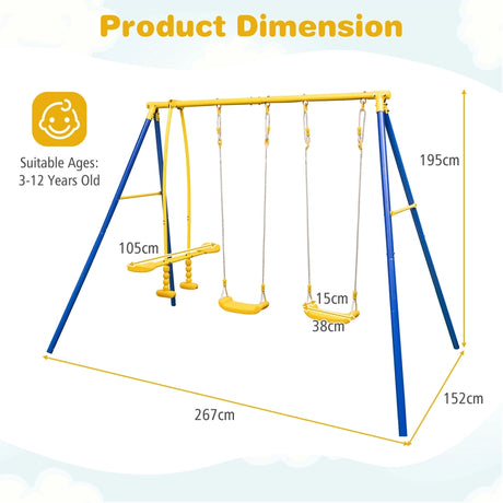 Metal Swing Set for Backyard with 2 Swing Seats and 2 Glider Seats-Blue