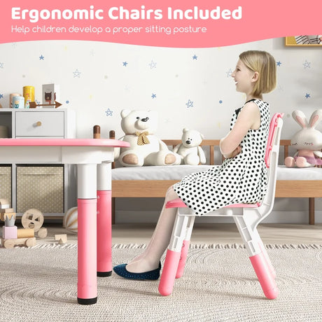Kids Table and Chairs Set for 4 with Graffiti Desktop-Pink