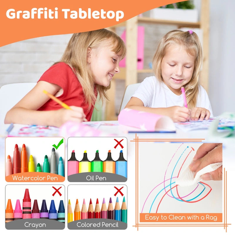 Kids Table and Chairs Set for 4 with Graffiti Desktop-Natural