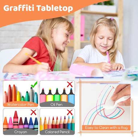 Kids Table and Chairs Set for 4 with Graffiti Desktop-Natural