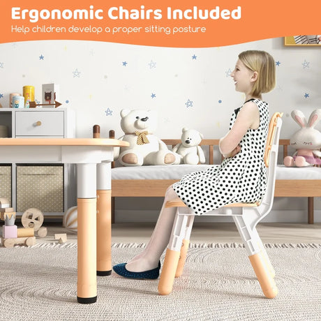 Kids Table and Chairs Set for 4 with Graffiti Desktop-Natural
