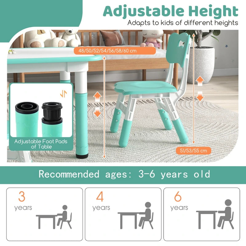 Kids Table and Chairs Set for 4 with Graffiti Desktop-Green