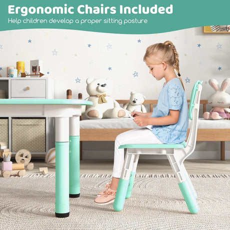 Kids Table and Chairs Set for 4 with Graffiti Desktop-Green