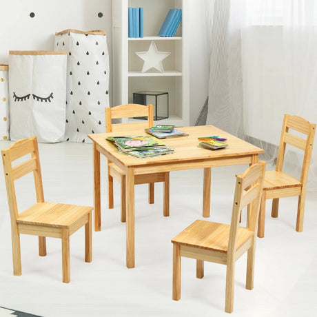5 Pieces Kids Pine Wood Table Chair Set-Natural