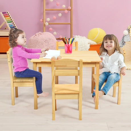 5 Pieces Kids Pine Wood Table Chair Set-Natural