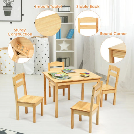 5 Pieces Kids Pine Wood Table Chair Set-Natural
