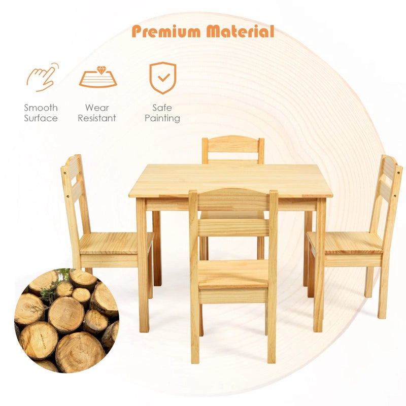 5 Pieces Kids Pine Wood Table Chair Set-Natural