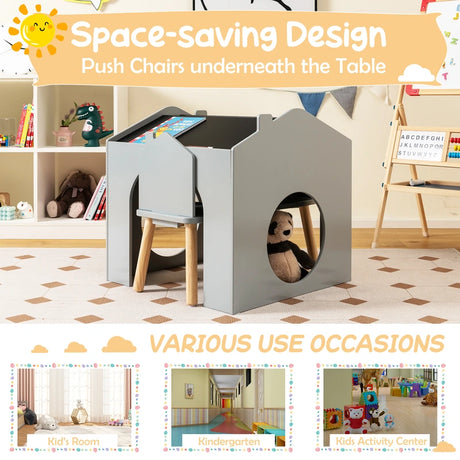 3 Pieces Wooden Kids Table and Chair Set with Chalkboards-Grey