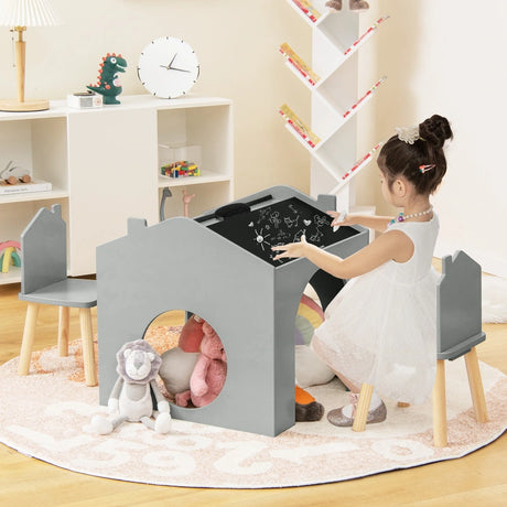 3 Pieces Wooden Kids Table and Chair Set with Chalkboards-Grey