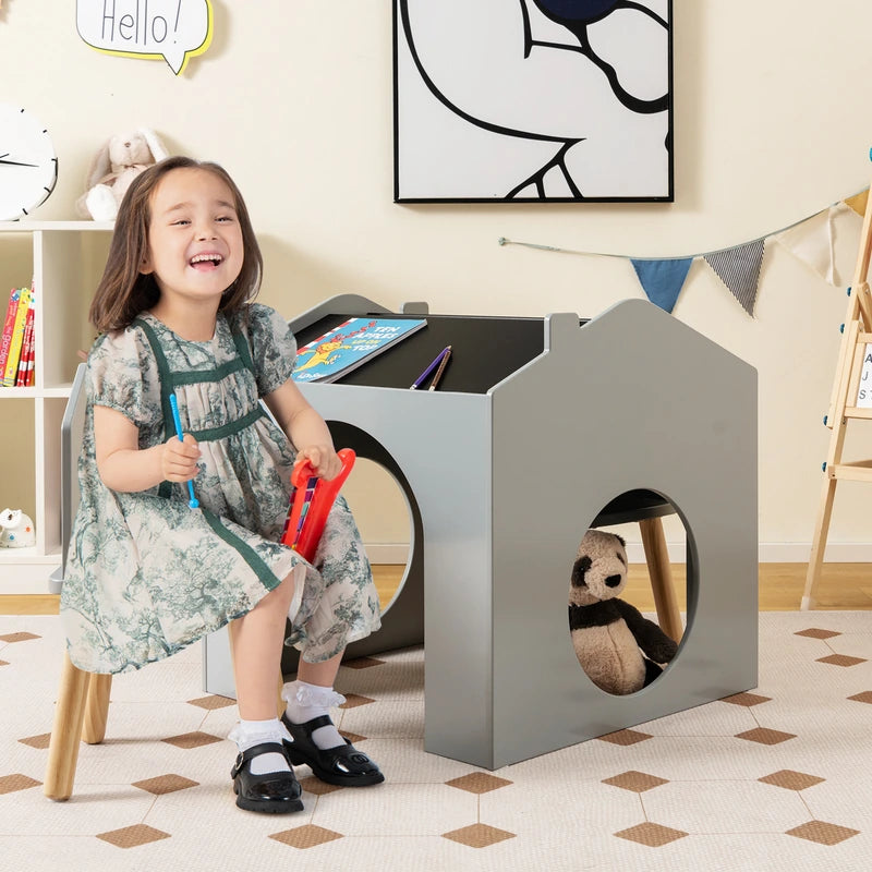 3 Pieces Wooden Kids Table and Chair Set with Chalkboards-Grey