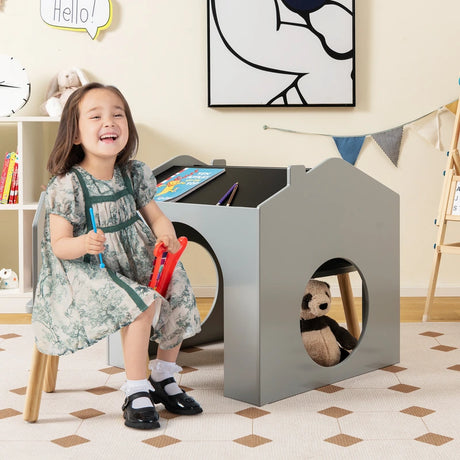 3 Pieces Wooden Kids Table and Chair Set with Chalkboards-Grey