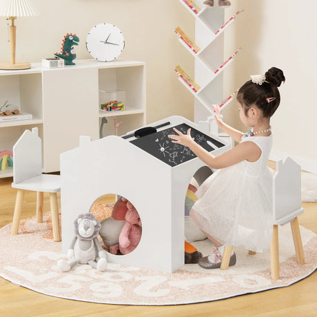3 Pieces Kids Wooden Table and Chair Set with Chalkboards for Toddlers-White
