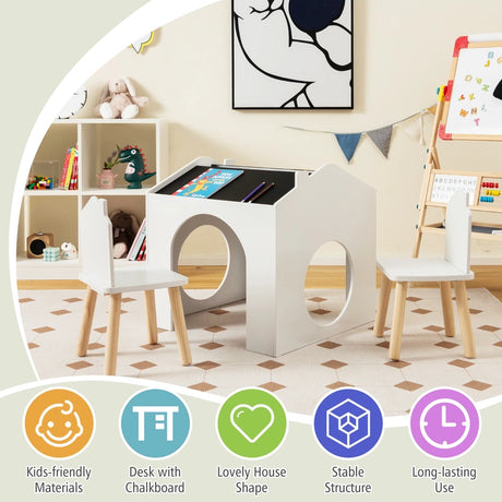 3 Pieces Kids Wooden Table and Chair Set with Chalkboards for Toddlers-White