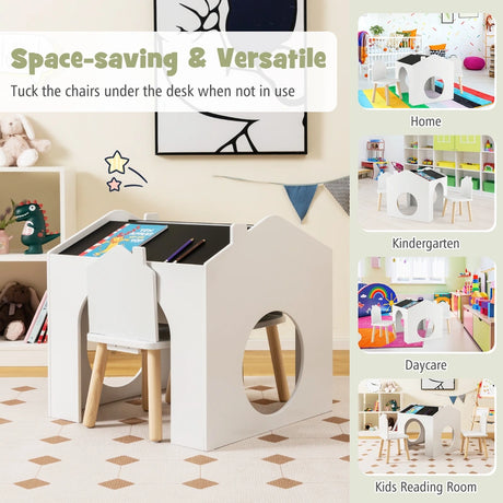 3 Pieces Kids Wooden Table and Chair Set with Chalkboards for Toddlers-White