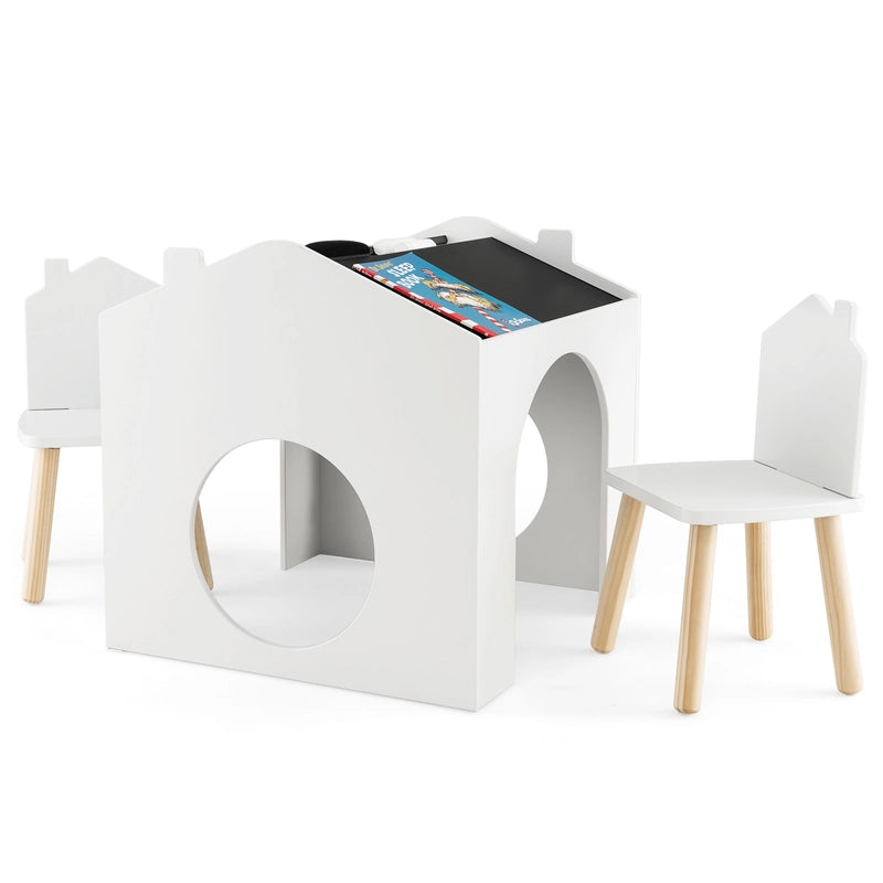 3 Pieces Kids Wooden Table and Chair Set with Chalkboards for Toddlers-White