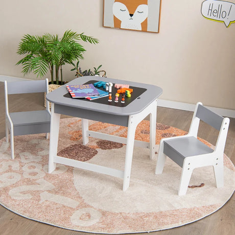Kid's Table and Chairs Set with Double-sized Tabletop-Gray