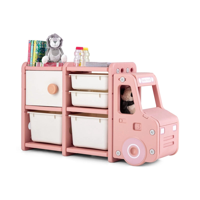 Truck-shaped Toddler Storage Cabinet with Bins & Drawers Pink