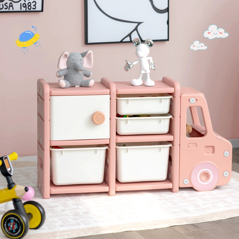 Truck-shaped Toddler Storage Cabinet with Bins & Drawers Pink