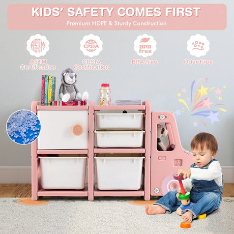 Truck-shaped Toddler Storage Cabinet with Bins & Drawers Pink