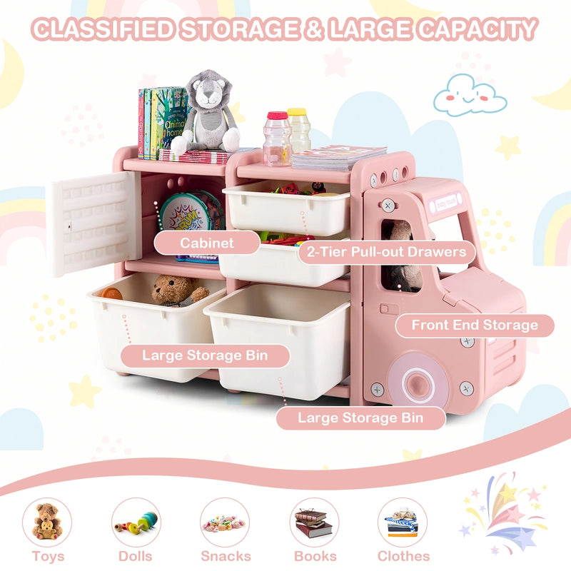 Truck-shaped Toddler Storage Cabinet with Bins & Drawers Pink