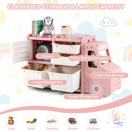Truck-shaped Toddler Storage Cabinet with Bins & Drawers Pink