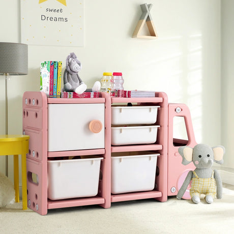 Truck-shaped Toddler Storage Cabinet with Bins & Drawers Pink