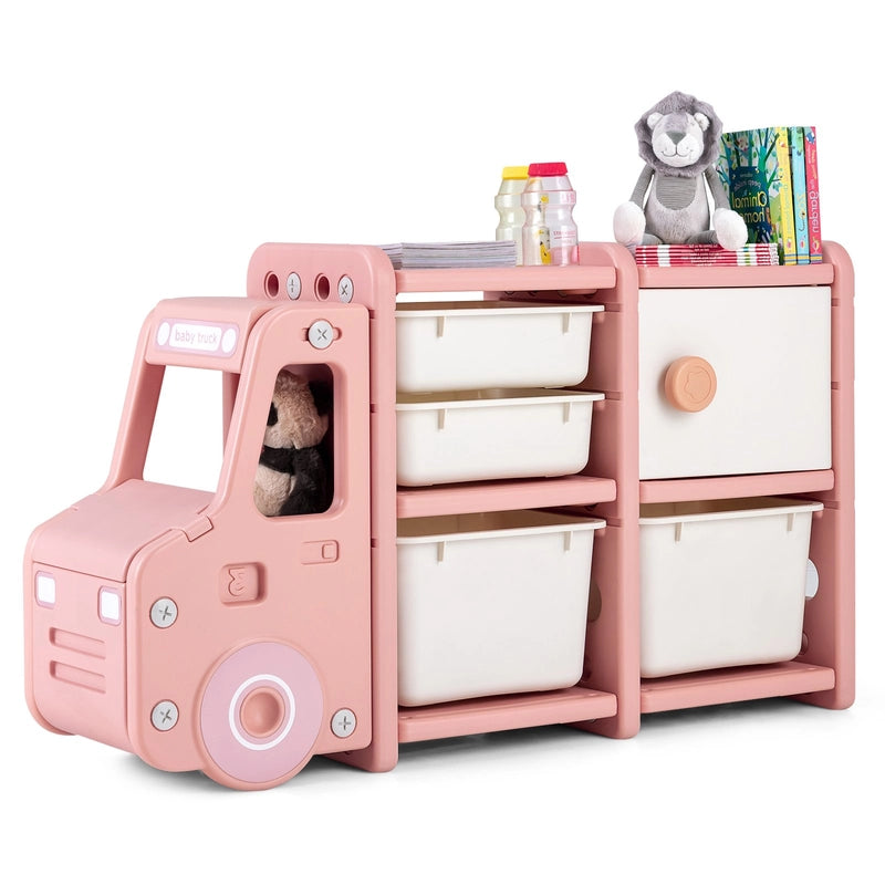 Truck-shaped Toddler Storage Cabinet with Bins & Drawers Pink