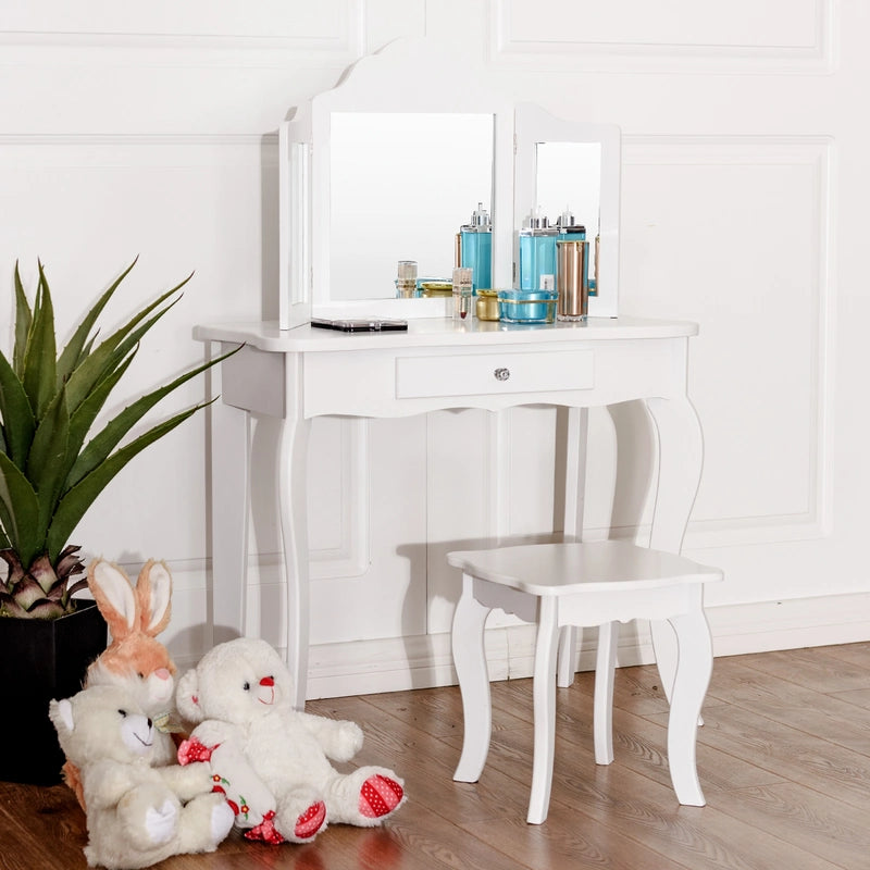 Kids Vanity Makeup Table Set Princess Makeup Dressing Table with Stool-White