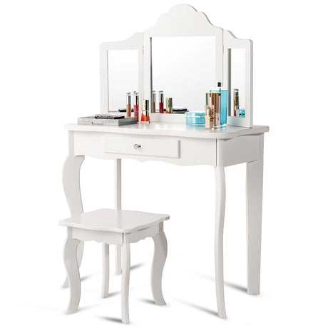 Kids Vanity Makeup Table Set Princess Makeup Dressing Table with Stool-White