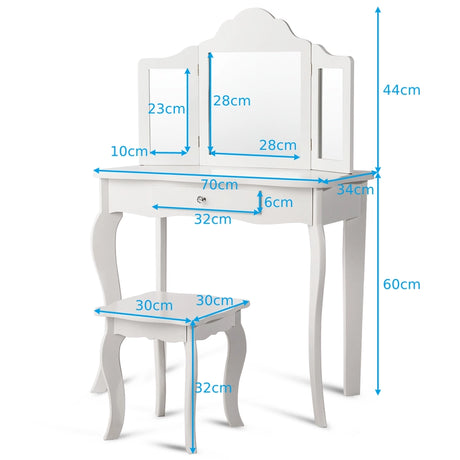 Kids Vanity Makeup Table Set Princess Makeup Dressing Table with Stool-White