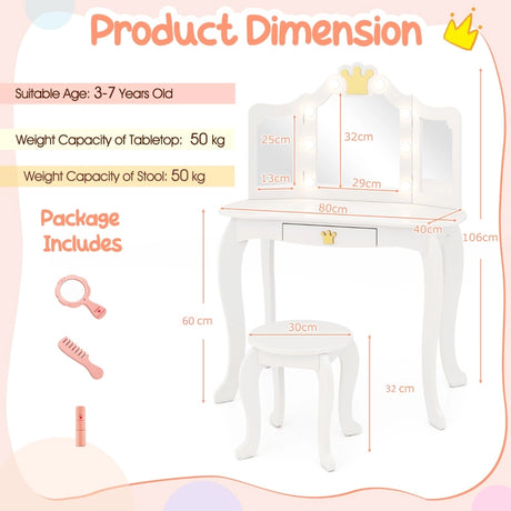 Kids Vanity Set with Lighted Mirror and Adjustable Brightness Pull-out Drawer and Stool-White